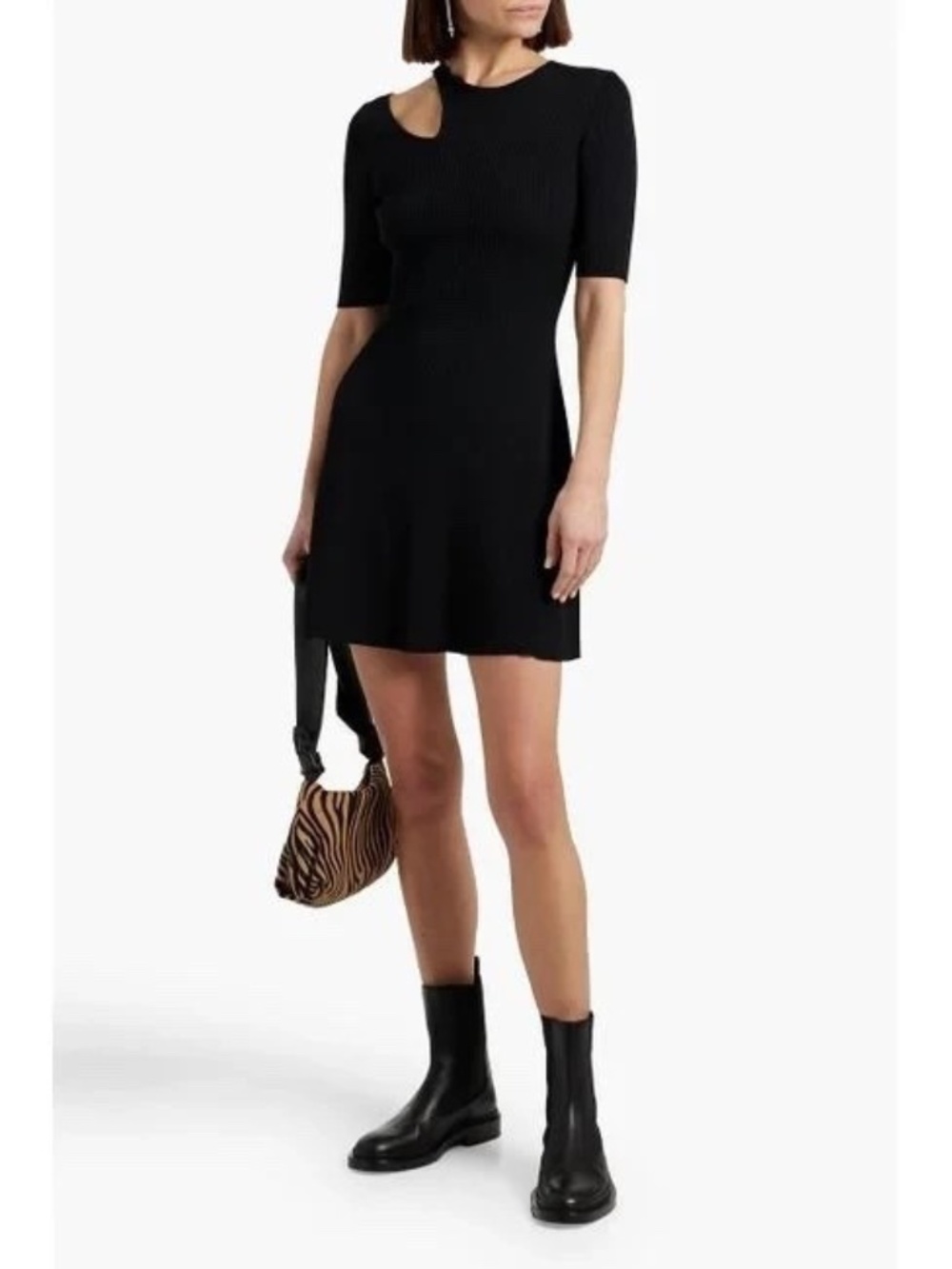MAJE Black Cutout Ribbed-Knit Stretch Snap-Button Mini LBD Dress 34 = 2 US XS